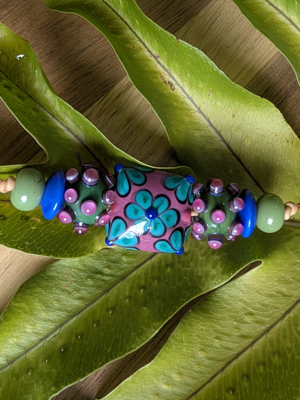 Handmade Lampwork Pink & Teal Floral Bead Set